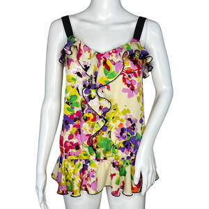 Express Shirt Womens XS Pink‎ Yellow Floral Flowers Ruffle Romantic Feminine